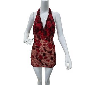 Red Lace Floral Appliqué Rhinestone Studded Halter Neck Mini Dress